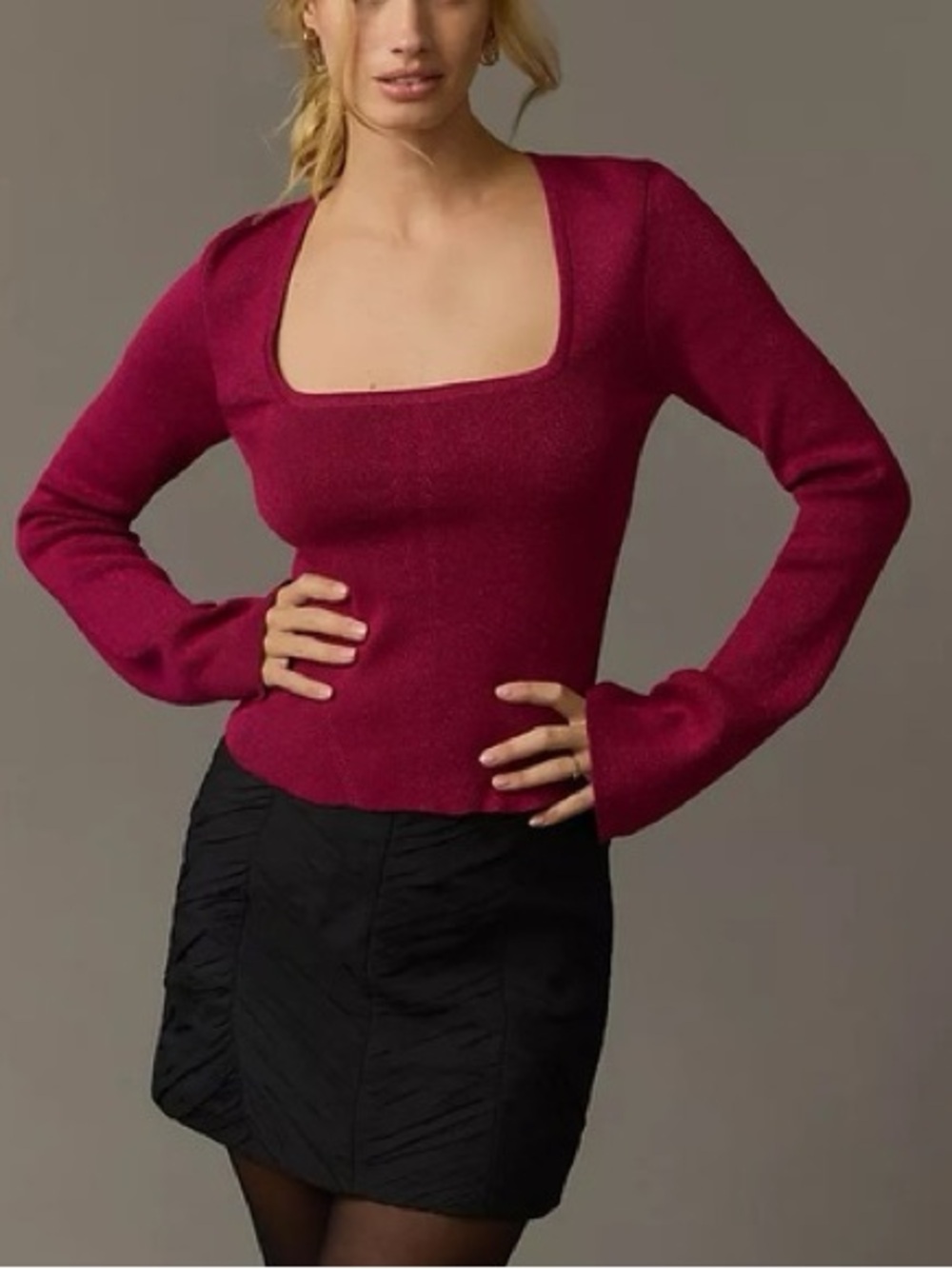 Maeve by Anthropologie NWT Square Neck Bell Sleeve Sweater Raspberry Sparkle M